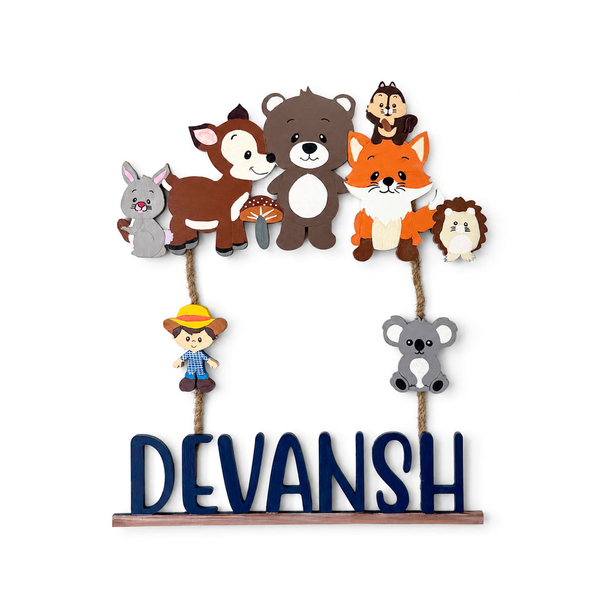 Animal Themed Hand-Painted Wooden Kids Name Plate - Design 6