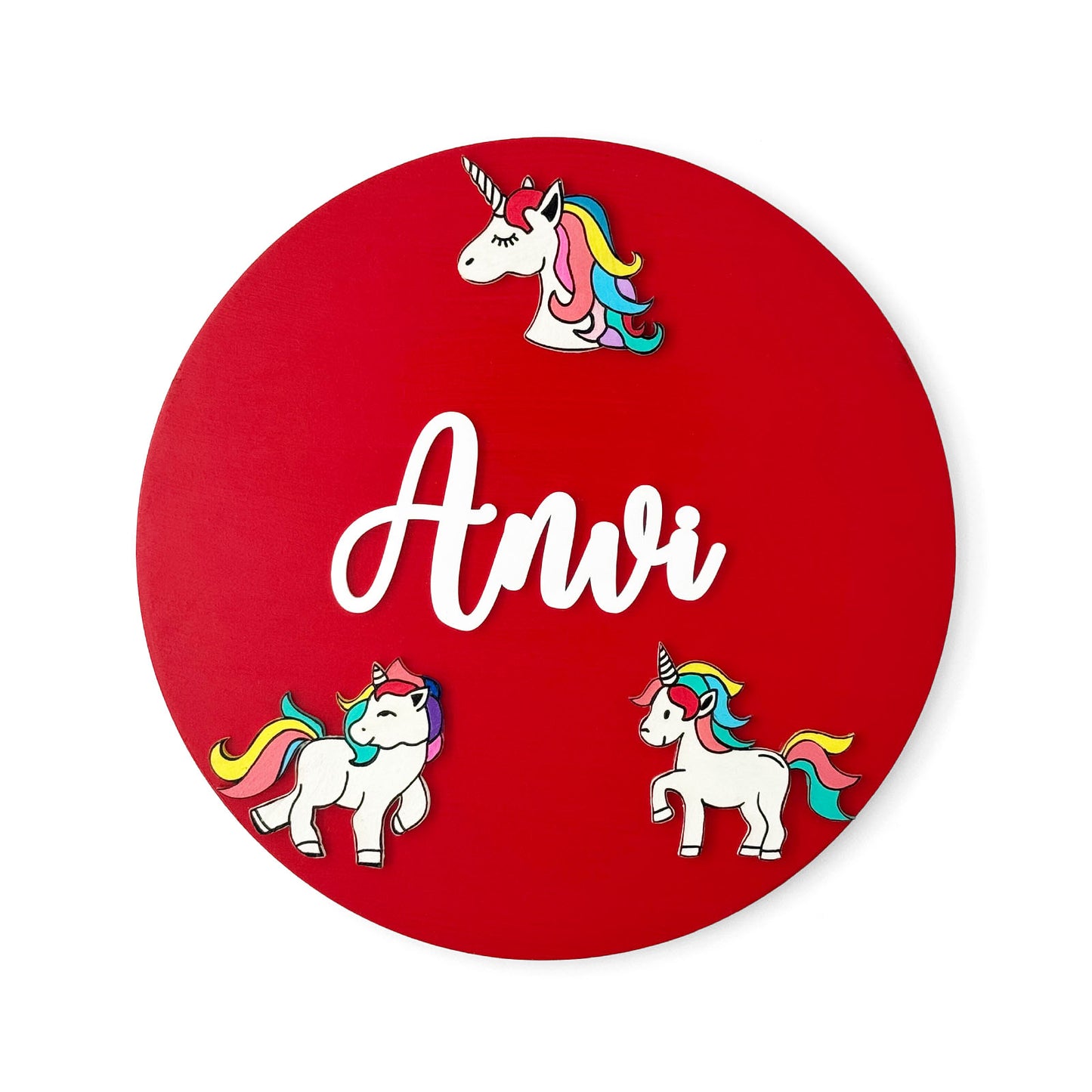 Unicorn Themed Hand-Painted Wooden Round Kids Name Plate - Design 1