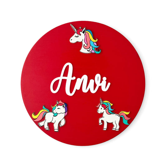 Unicorn Themed Hand-Painted Wooden Round Kids Name Plate - Design 1
