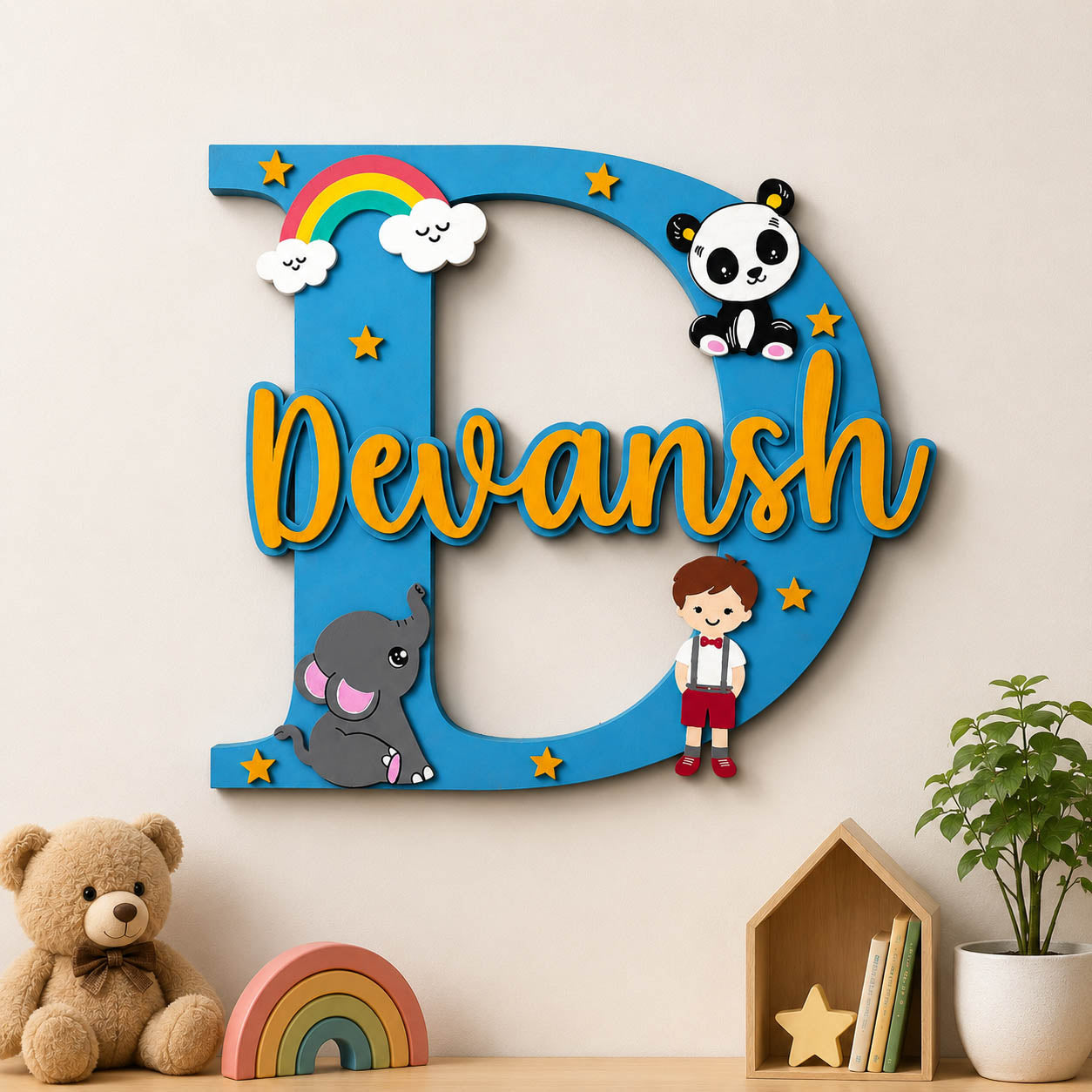 Layered Alphabet Initial Hand-Painted Wooden Kids Name Plate For Boys - Design 2