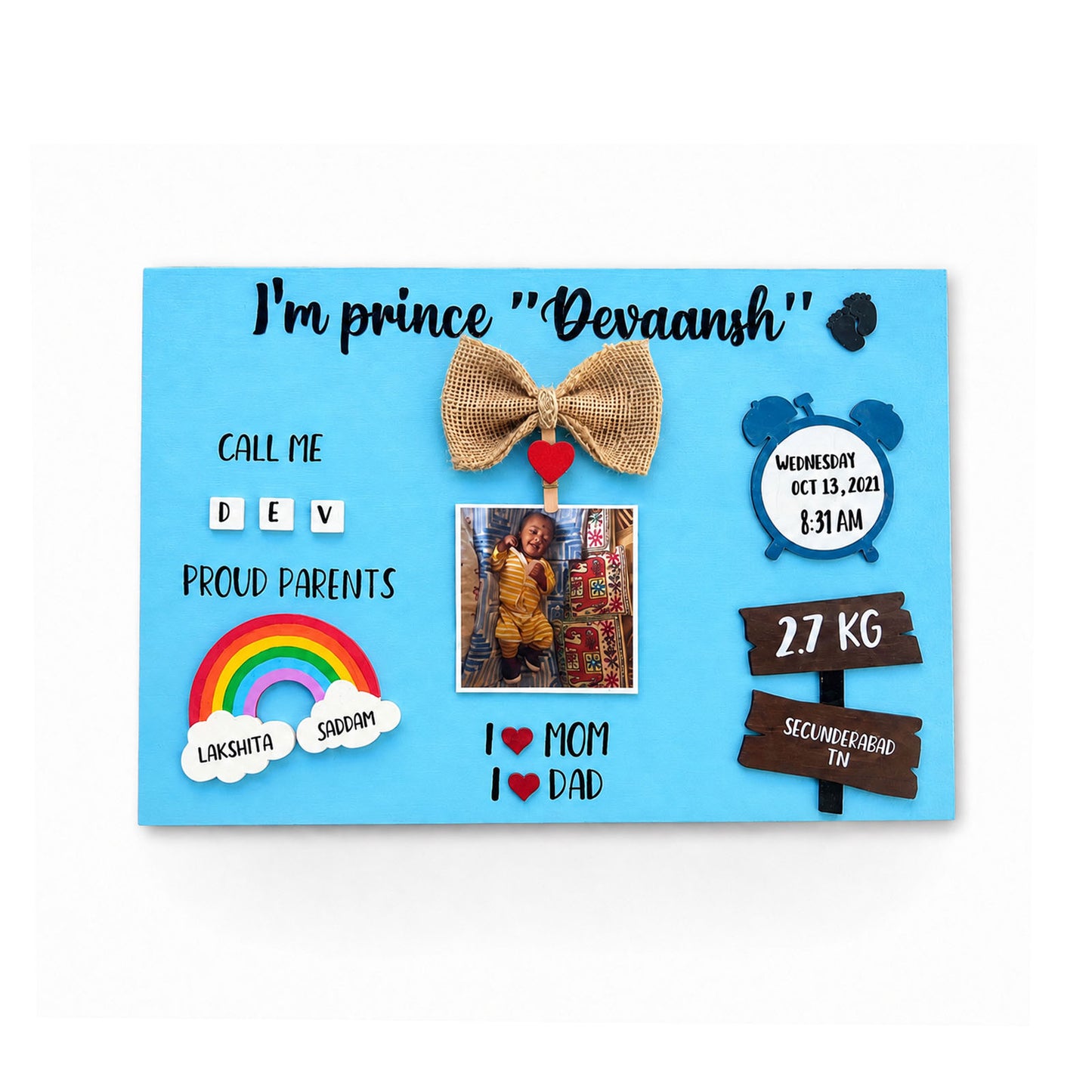 Personalised Baby Boy Birth Announcement & Milestone Hand-Painted Wooden Personalised Baby Birth Details Name Plate