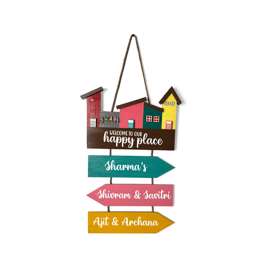 Hut-Shaped Hand-Painted Wooden Name Plate For Home - Hut Board & Three Planks Design 4