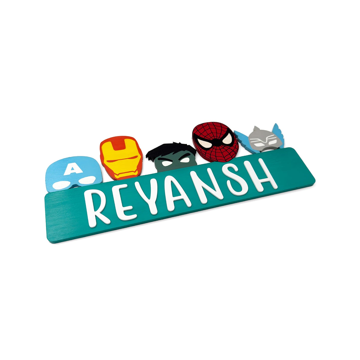 Avengers Themed Hand-Painted Wooden Kids Name Plate - Teal