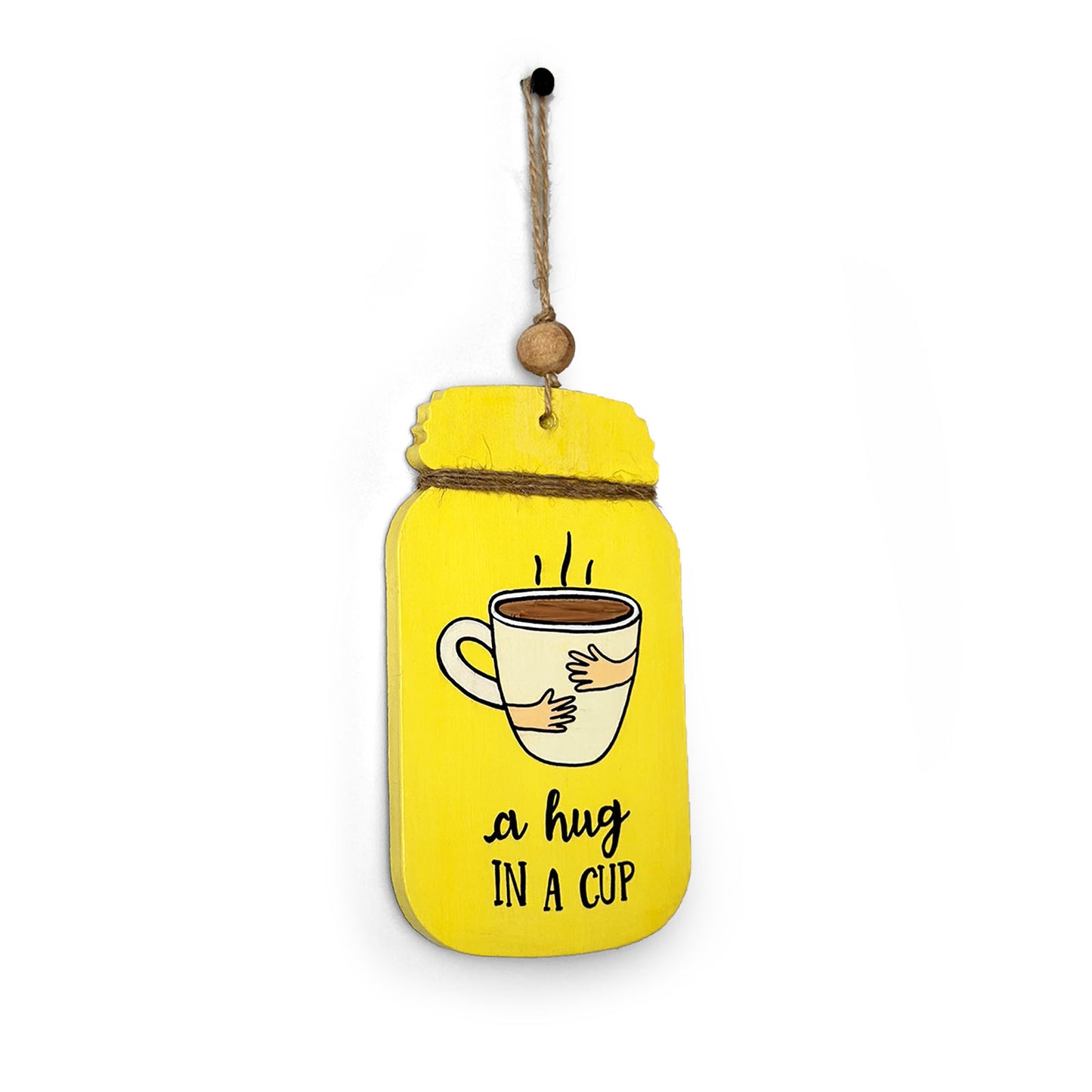 A Hug In A Cup Hand-Painted Wooden Jar Kitchen Wall Hanging - Yellow