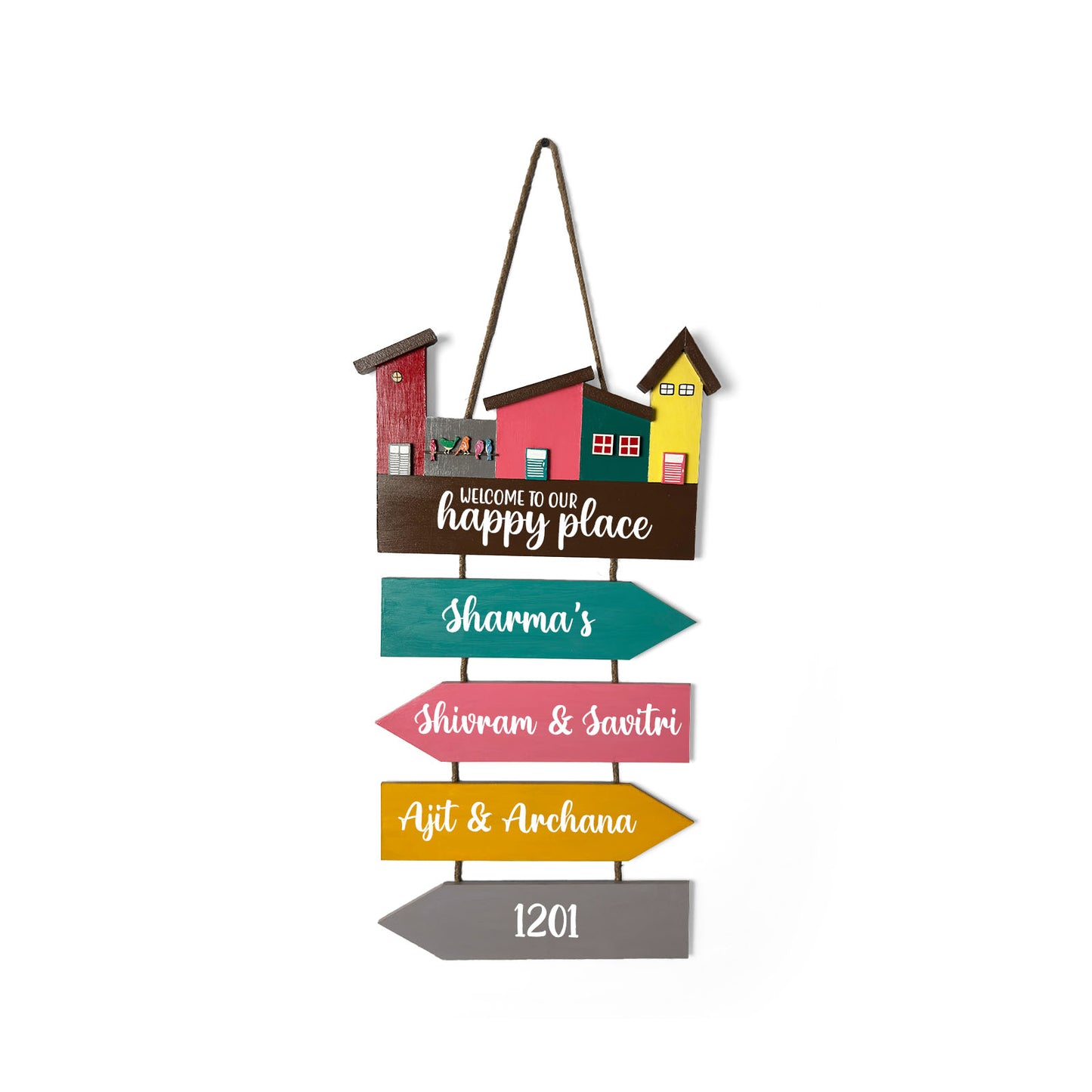 Hut-Shaped Hand-Painted Wooden Name Plate For Home - Hut Board & Four Planks Design 4