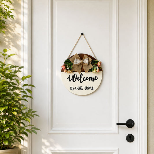 Welcome To Our Home Hand-Painted Wooden Door Hanger With Pink Flowers