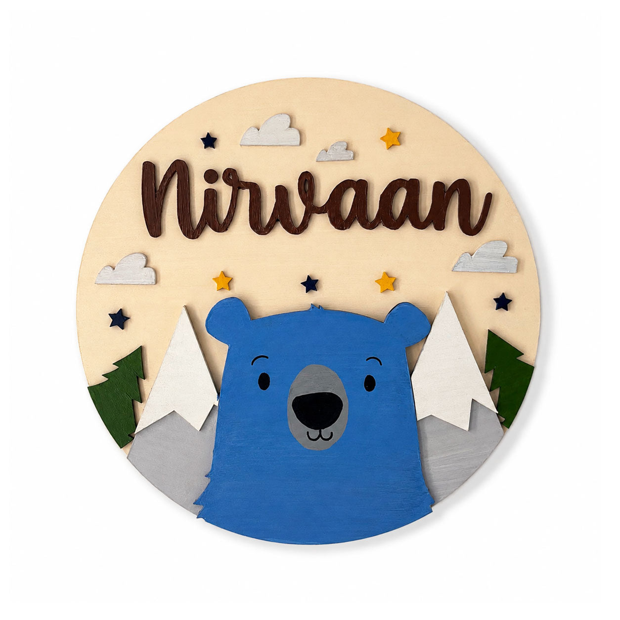 Blue Bear Themed Hand-Painted Wooden Round Kids Name Plate - Design 1