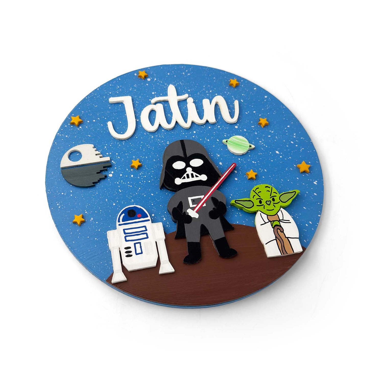 Star Wars Space Themed Hand-Painted Wooden Round Kids Name Plate - Design 1