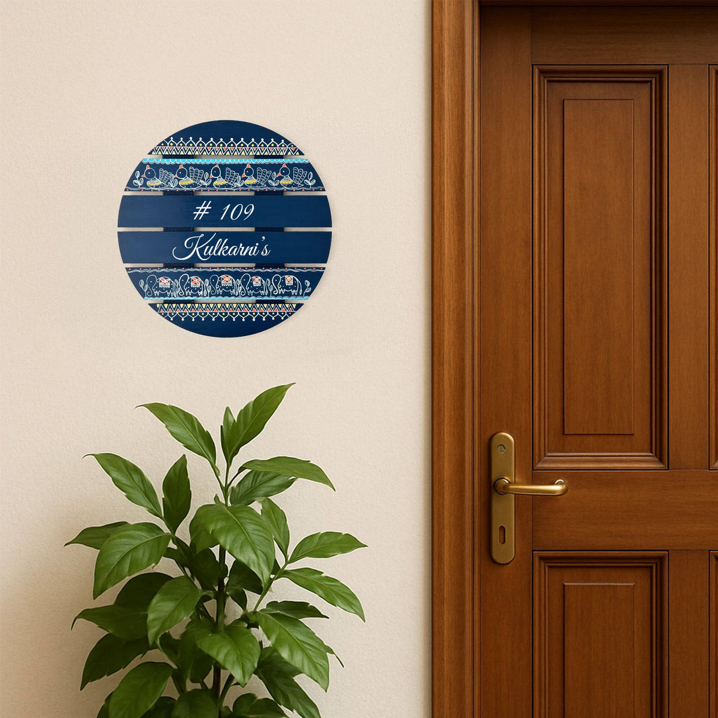 Peacock & Elephant Artwork Hand-Painted Wooden Madhubani Round Name Plate For Home