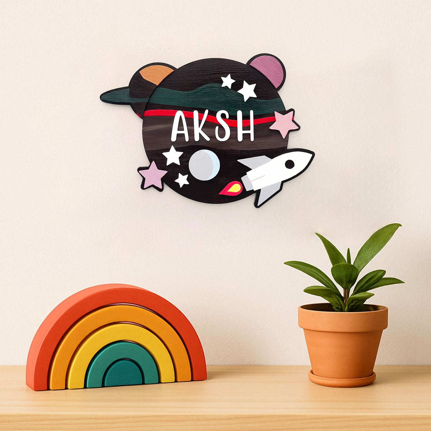 Space Themed Hand-Painted Wooden Kids Name Plate - Brown