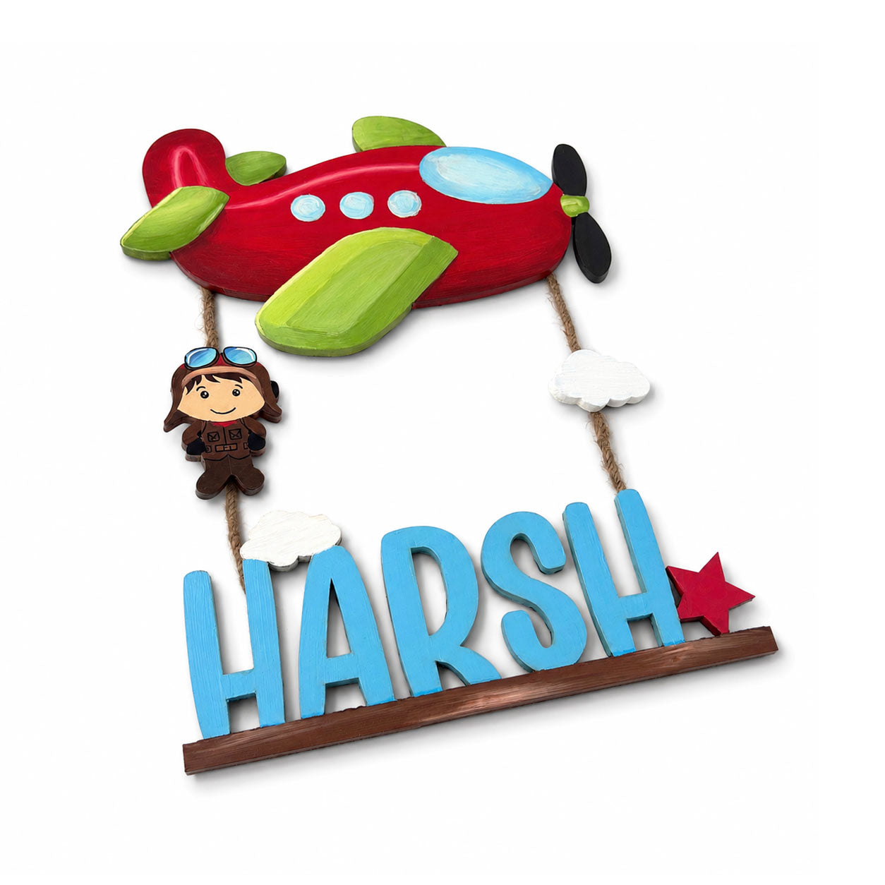 Airplane Pilot Themed Hand-Painted Wooden Kids Name Plate - Design 2