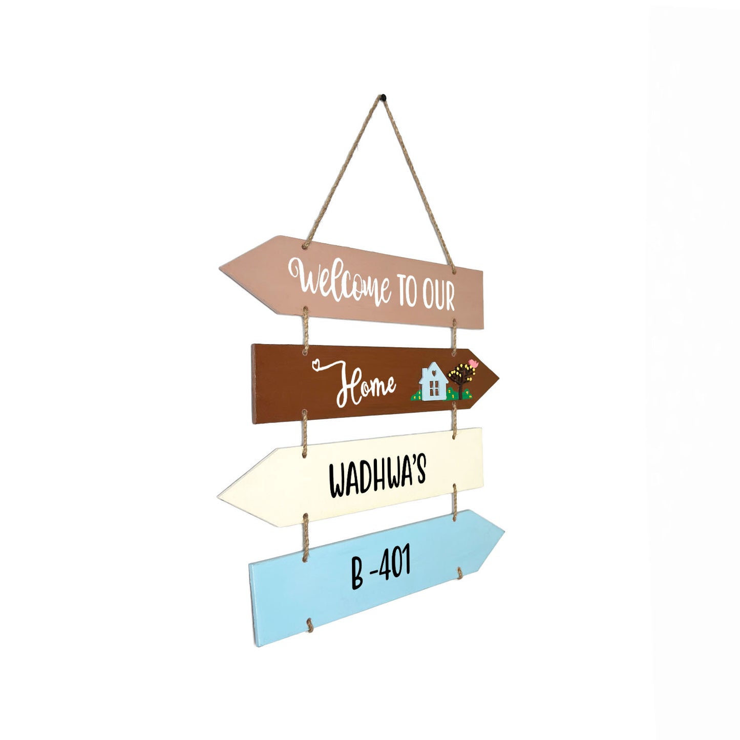 Welcome To Our Home Hand-Painted Wooden Four Arrow Plank Name Plate For Home - Brown
