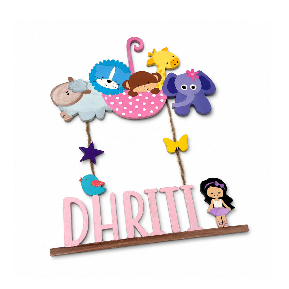 Animal Themed Hand-Painted Wooden Kids Name Plate - Design 5