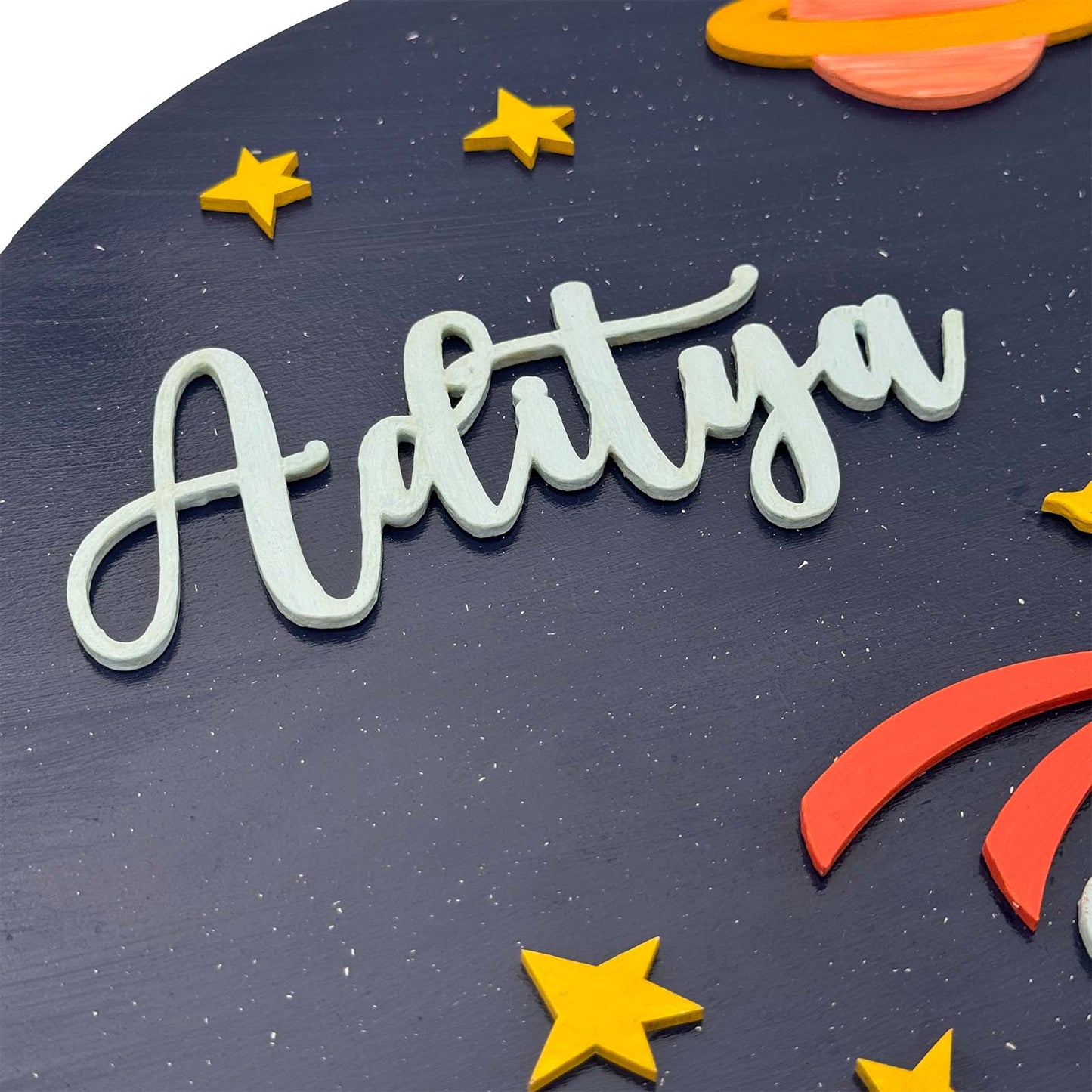 Space Themed Hand-Painted Wooden Round Kids Name Plate - Design 4