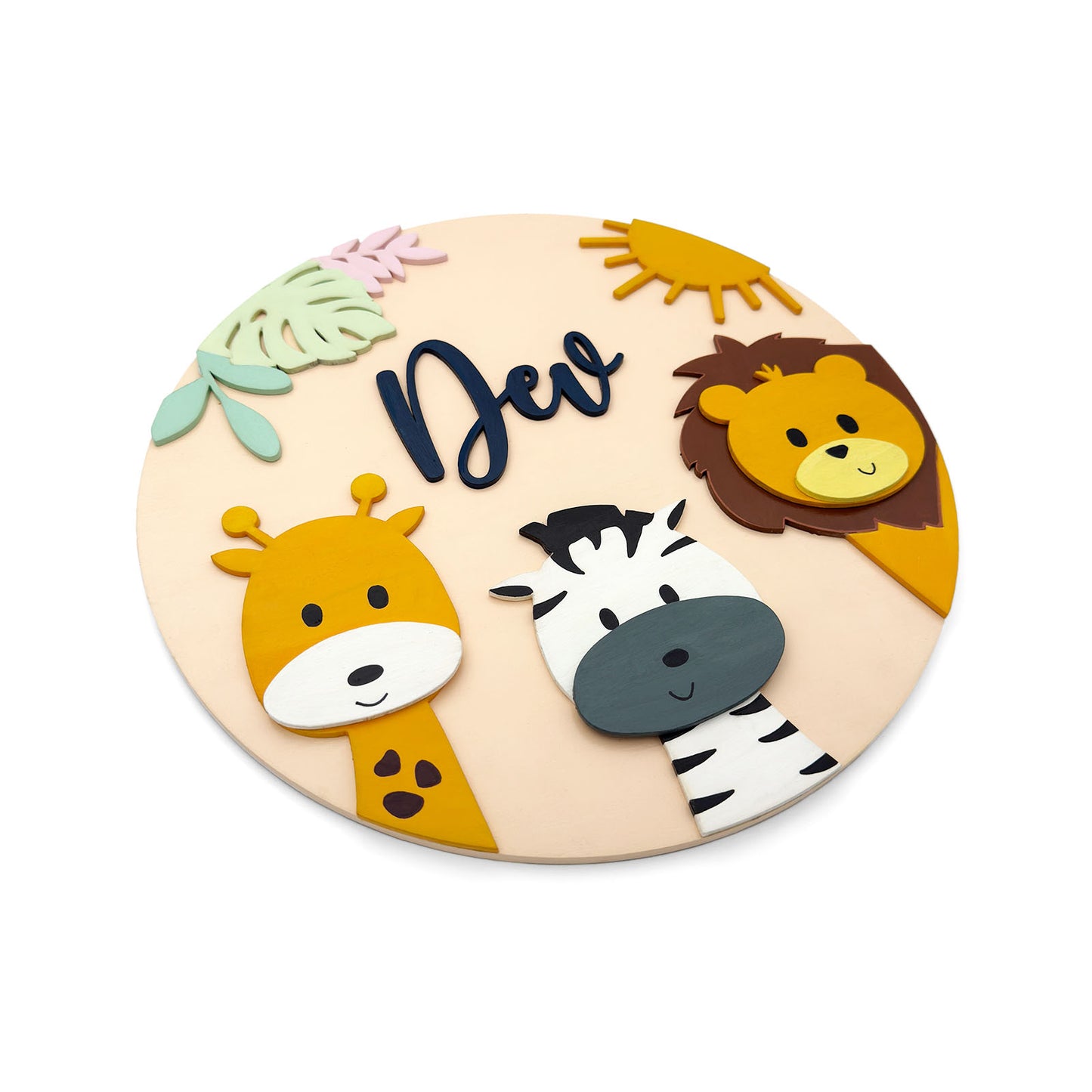 Animal Themed Hand-Painted Wooden Round Kids Name Plate - Design 1