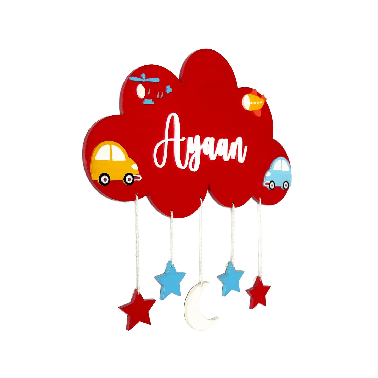 Cloud & Vehicles Themed Hand-Painted Wooden Kids Name Plate