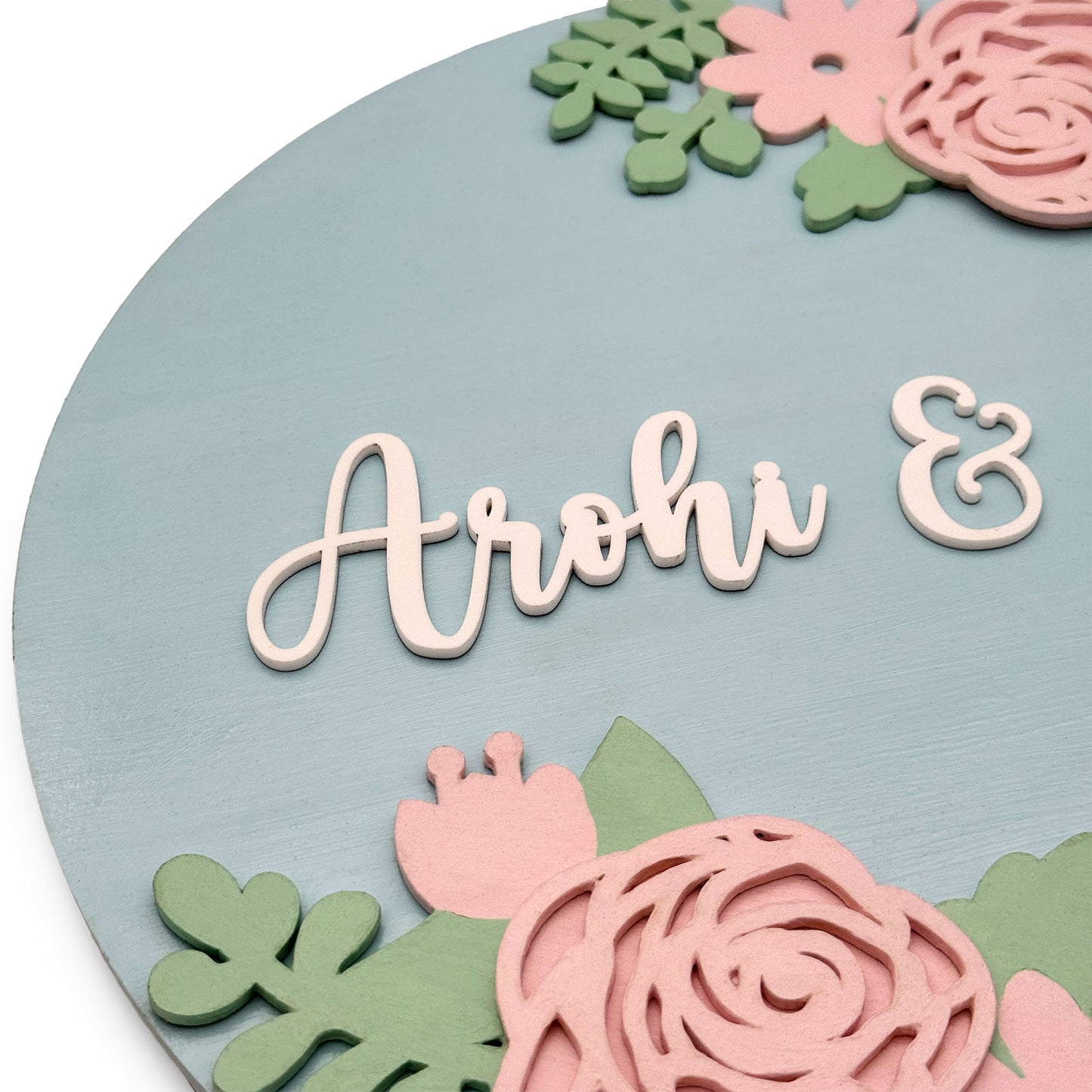 Rose Artwork Hand-Painted Wooden Floral Round Name Plate For Home