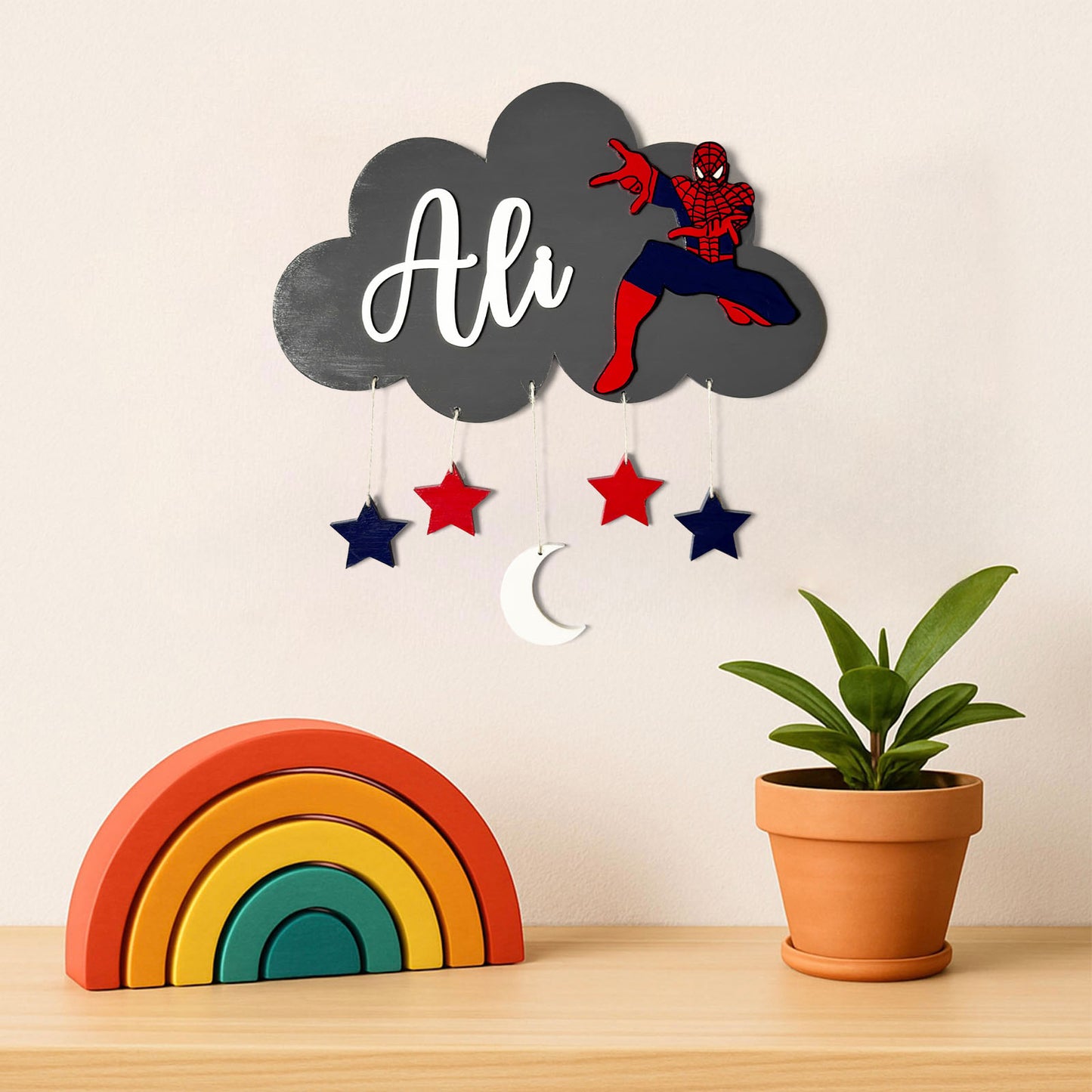 Cloud & Spiderman Themed Hand-Painted Wooden Kids Name Plate