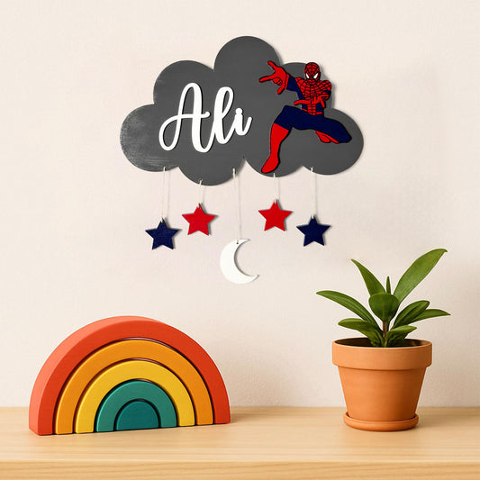 Cloud & Spiderman Themed Hand-Painted Wooden Kids Name Plate