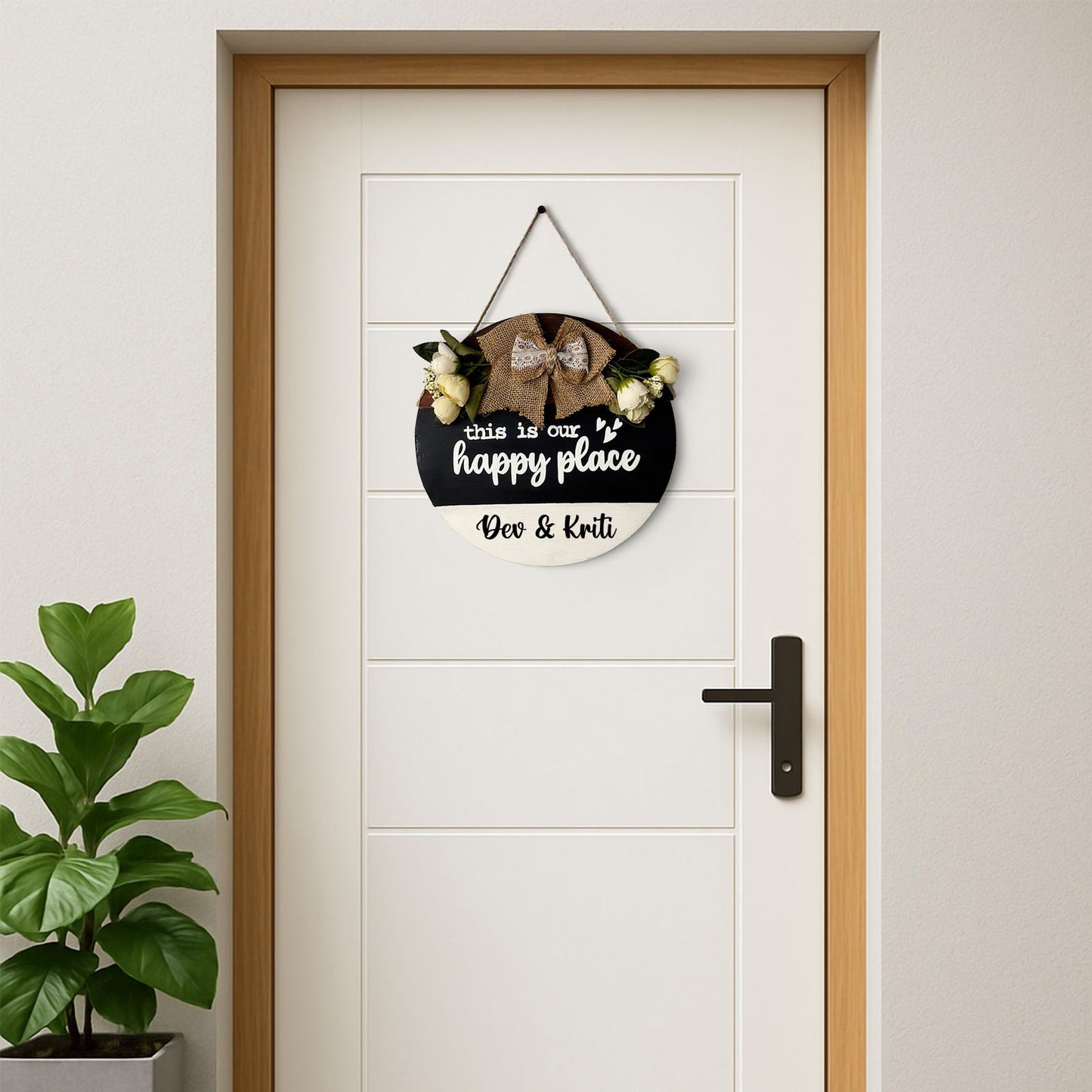 Personlised This Is Our Happy Place Hand-Painted Wooden Door Hanger - Black, White, & Wooden Finish
