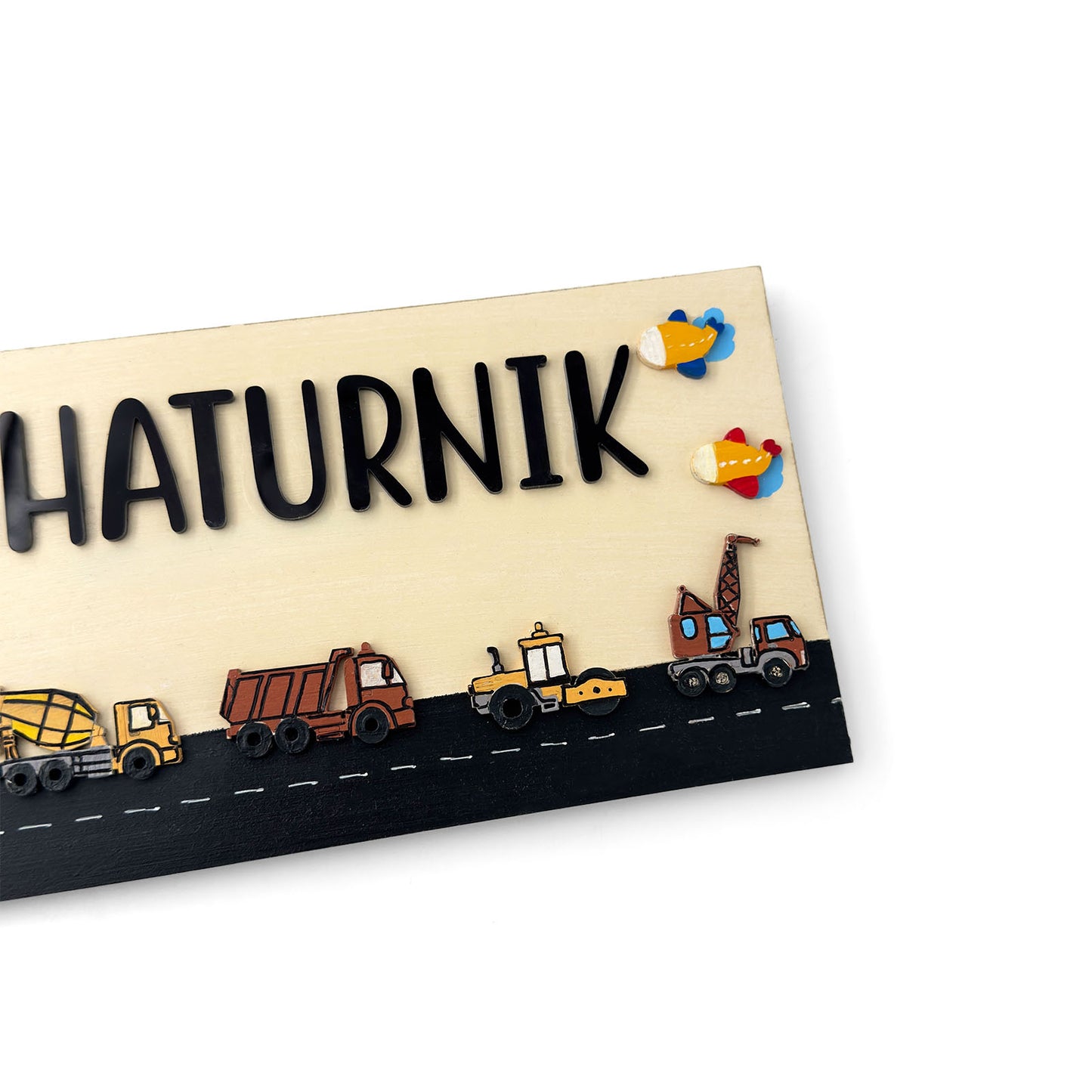 Construction Vehicles Themed Hand-Painted Wooden Kids Name Plate - Design 2