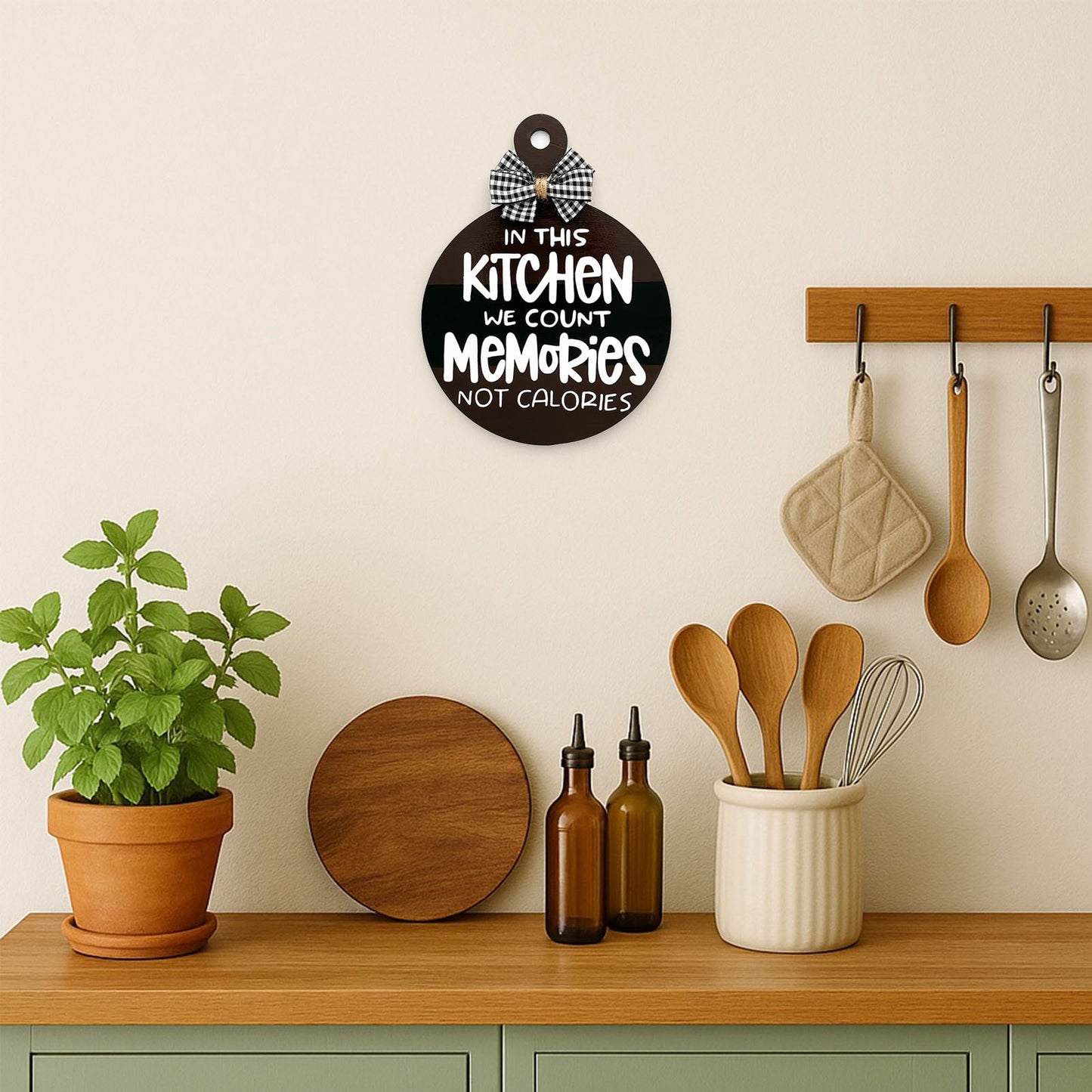 Count Memories Not Calories Hand-Painted Wooden Round Chopping Board Kitchen Wall Hanging - Brown