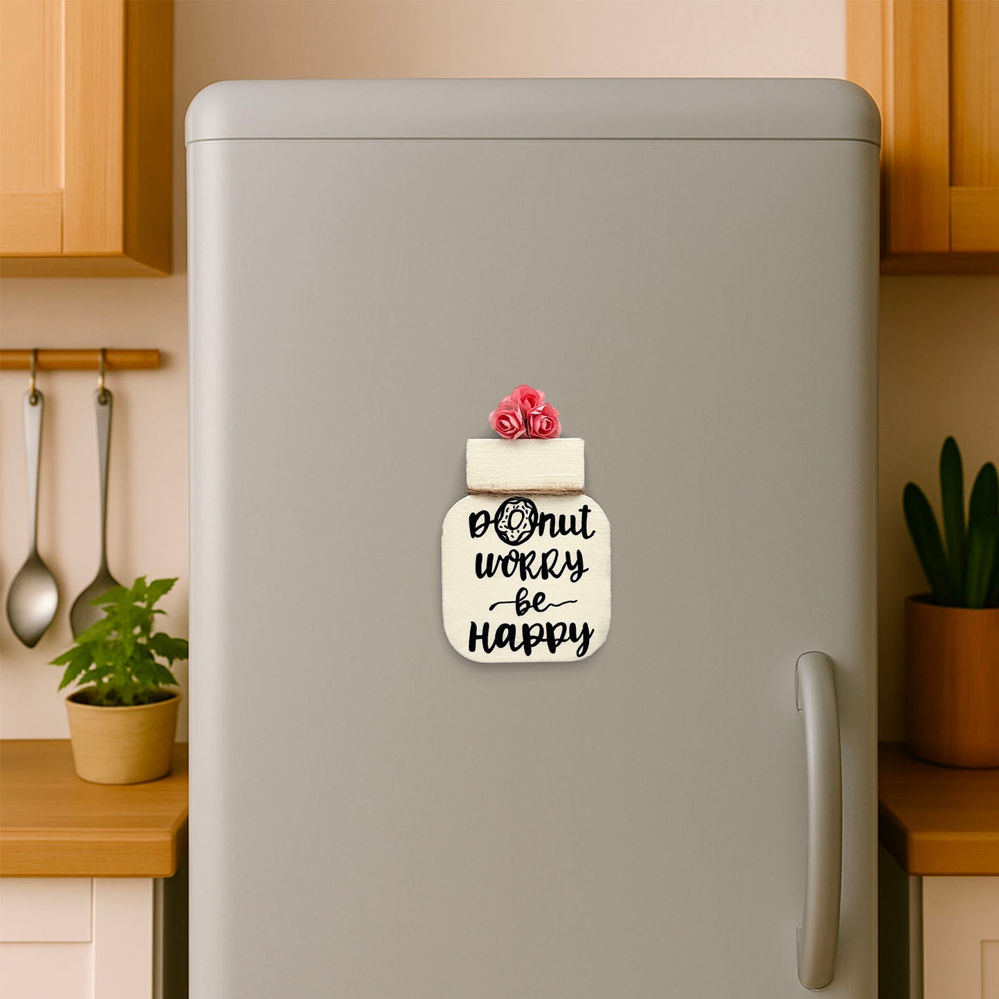 Donut Worry Be Happy Hand-Painted Wooden Mason Jar Fridge Magnet - Cream