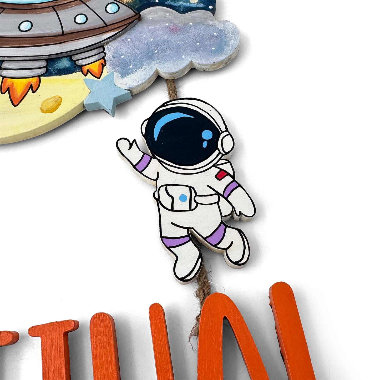 Space Themed Hand-Painted Wooden Kids Name Plate - Design 2