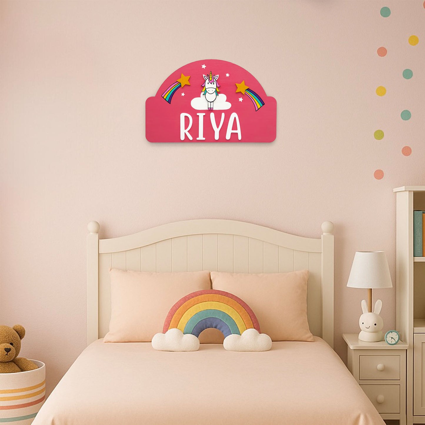 Unicorn Themed Hand-Painted Wooden Kids Name Plate -  Pink