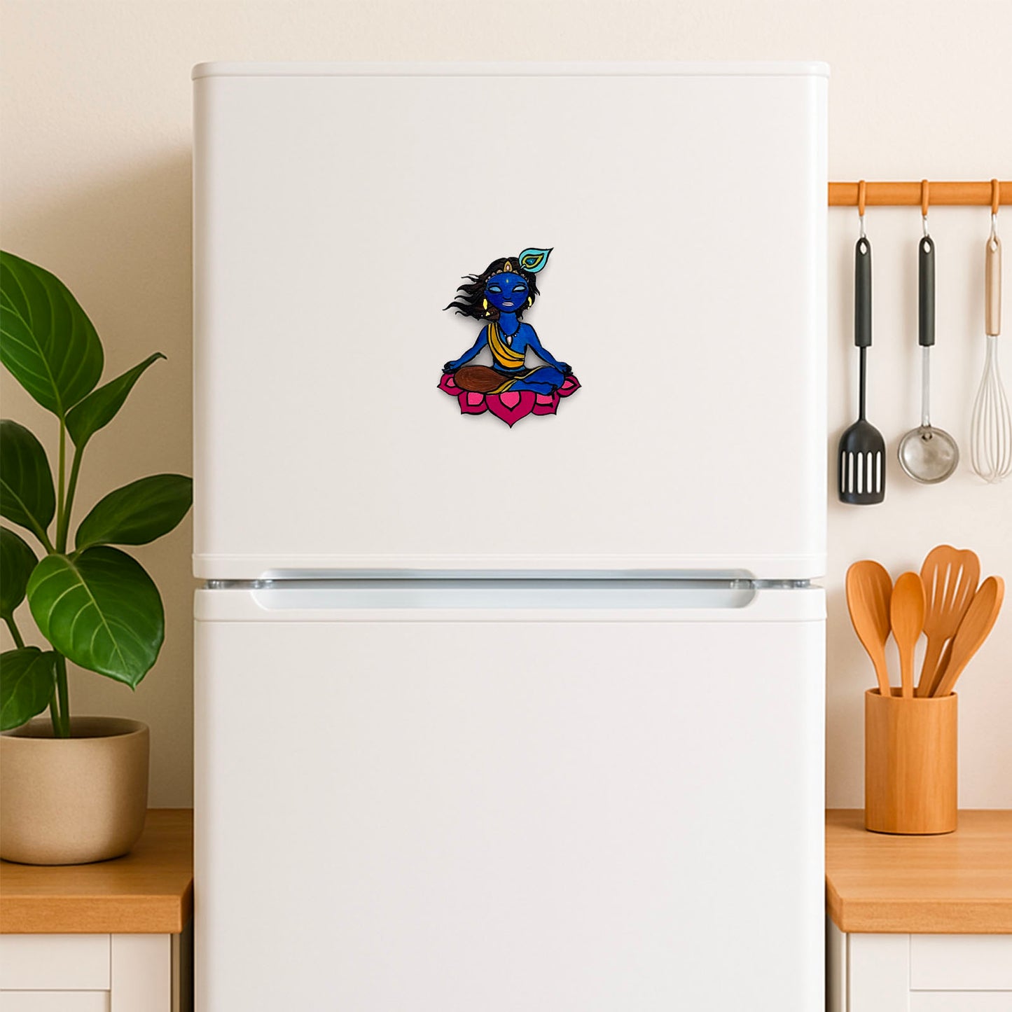 Lord Krishna Hand-Painted Wooden Fridge Magnet