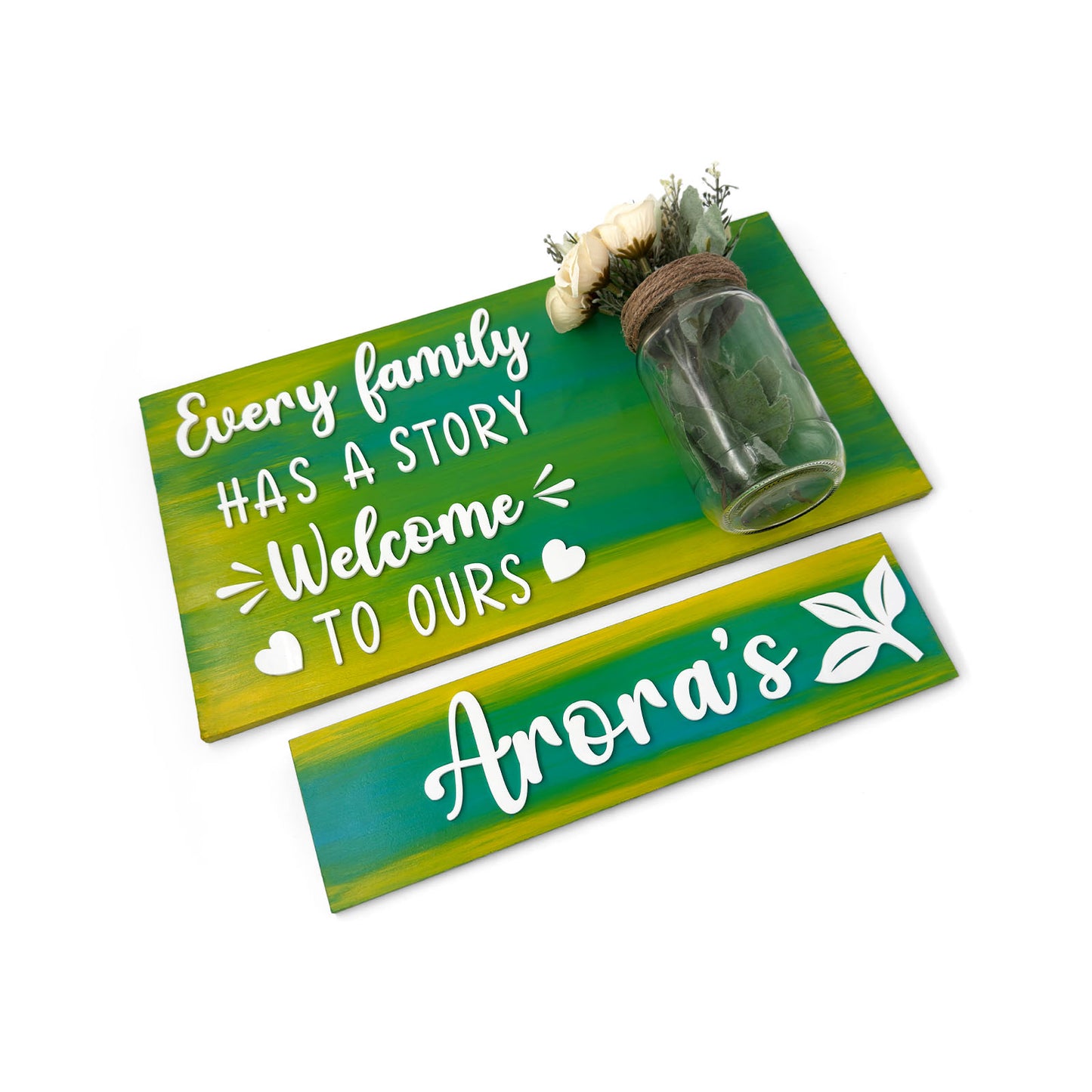 Every Family Has A Story Welcome To Ours Hand-Painted Wooden Name Plate With Jar For Home - Jar Board & One Plank