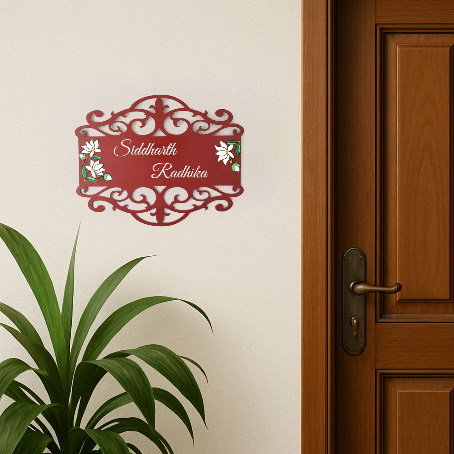 Lotus Artwork Hand-Painted Wooden Madhubani Name Plate For Home