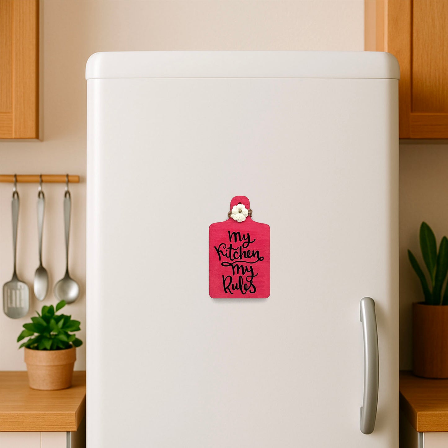 My Kitchen My Rules Hand-Painted Wooden Chopping Board Fridge Magnet  - Pink
