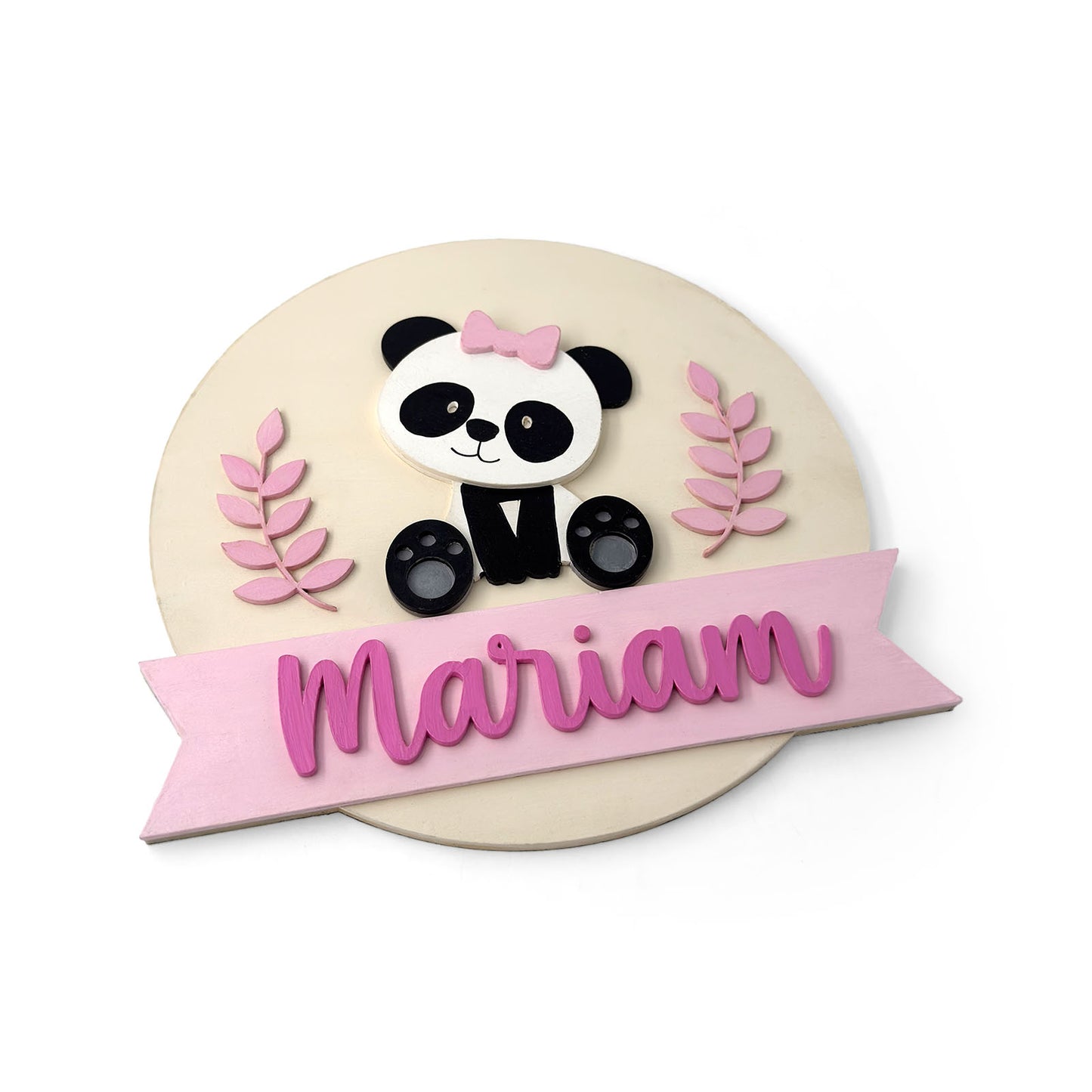 Panda Themed Hand-Painted Wooden Round Kids Name Plate - Design 1