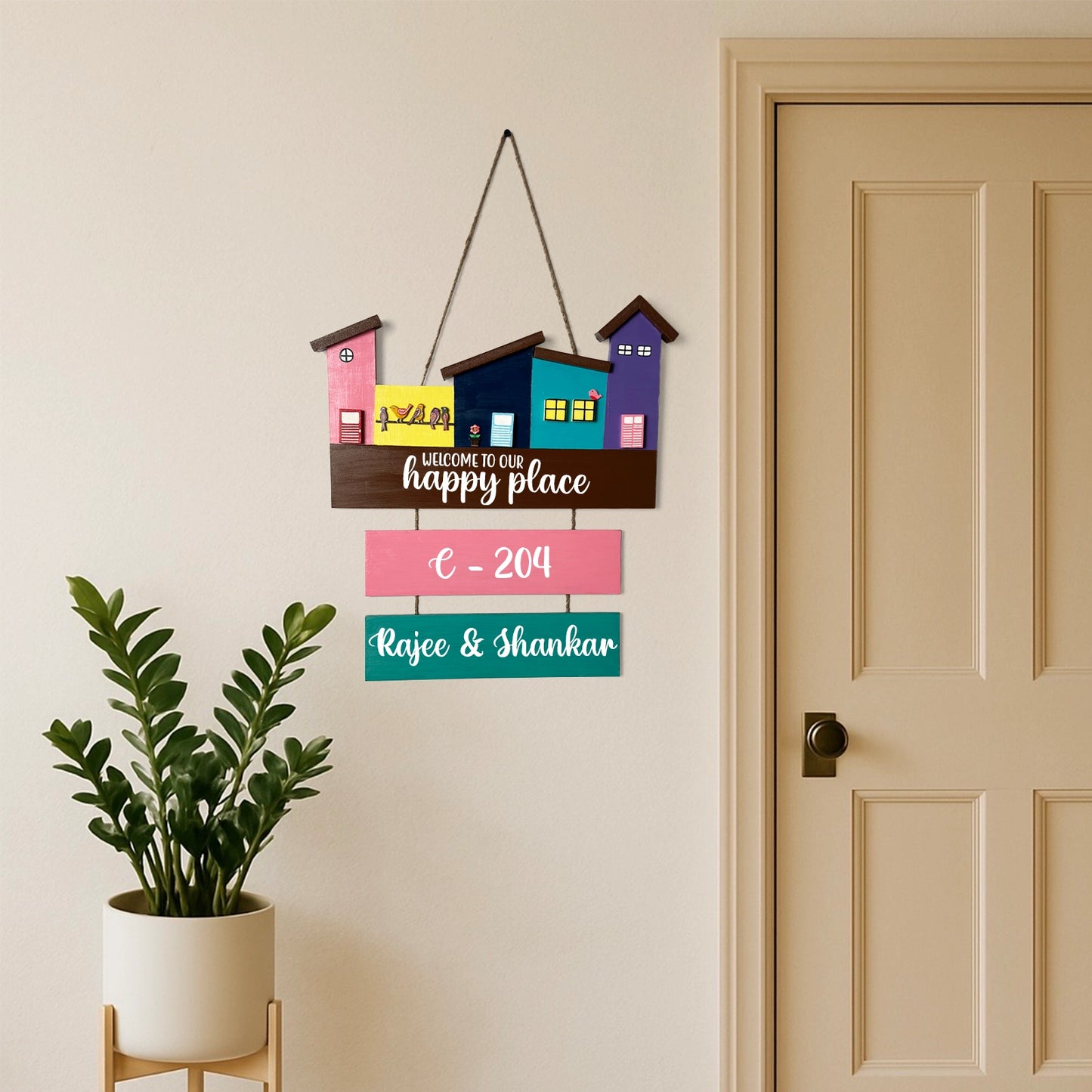 Hut-Shaped Hand-Painted Wooden Name Plate For Home - Hut Board & Two Planks Design 6