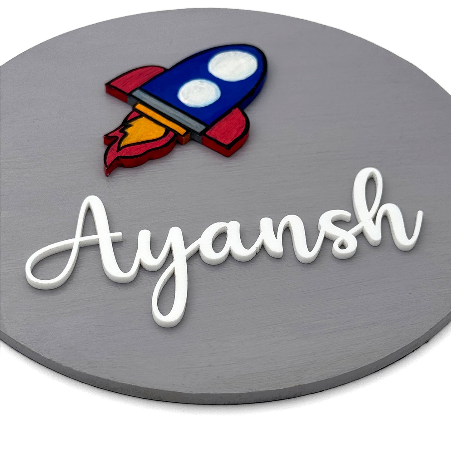 Rocket Themed Hand-Painted Wooden Mini Kids Name Plate