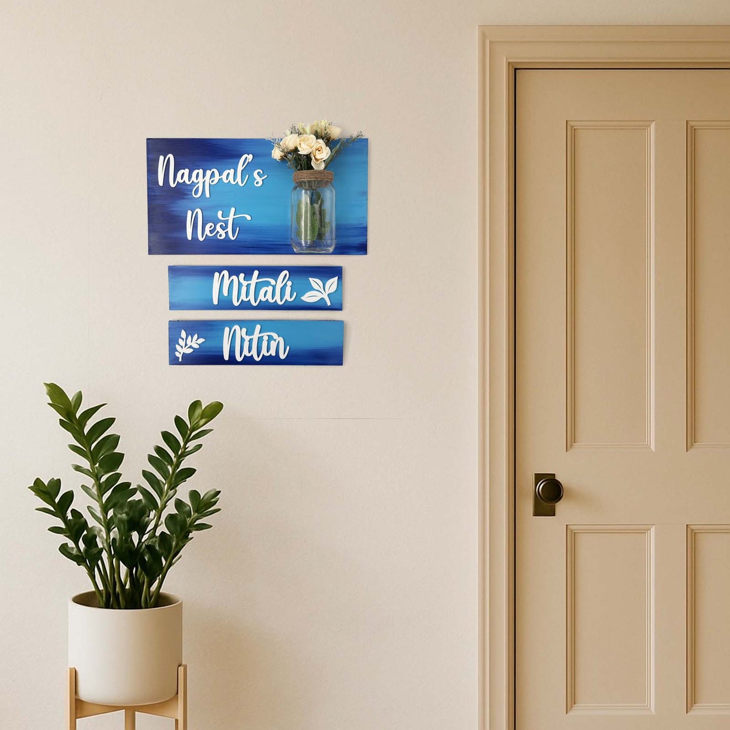 Hand-Painted Wooden Name Plate With Jar For Home - Jar Board & Two Planks