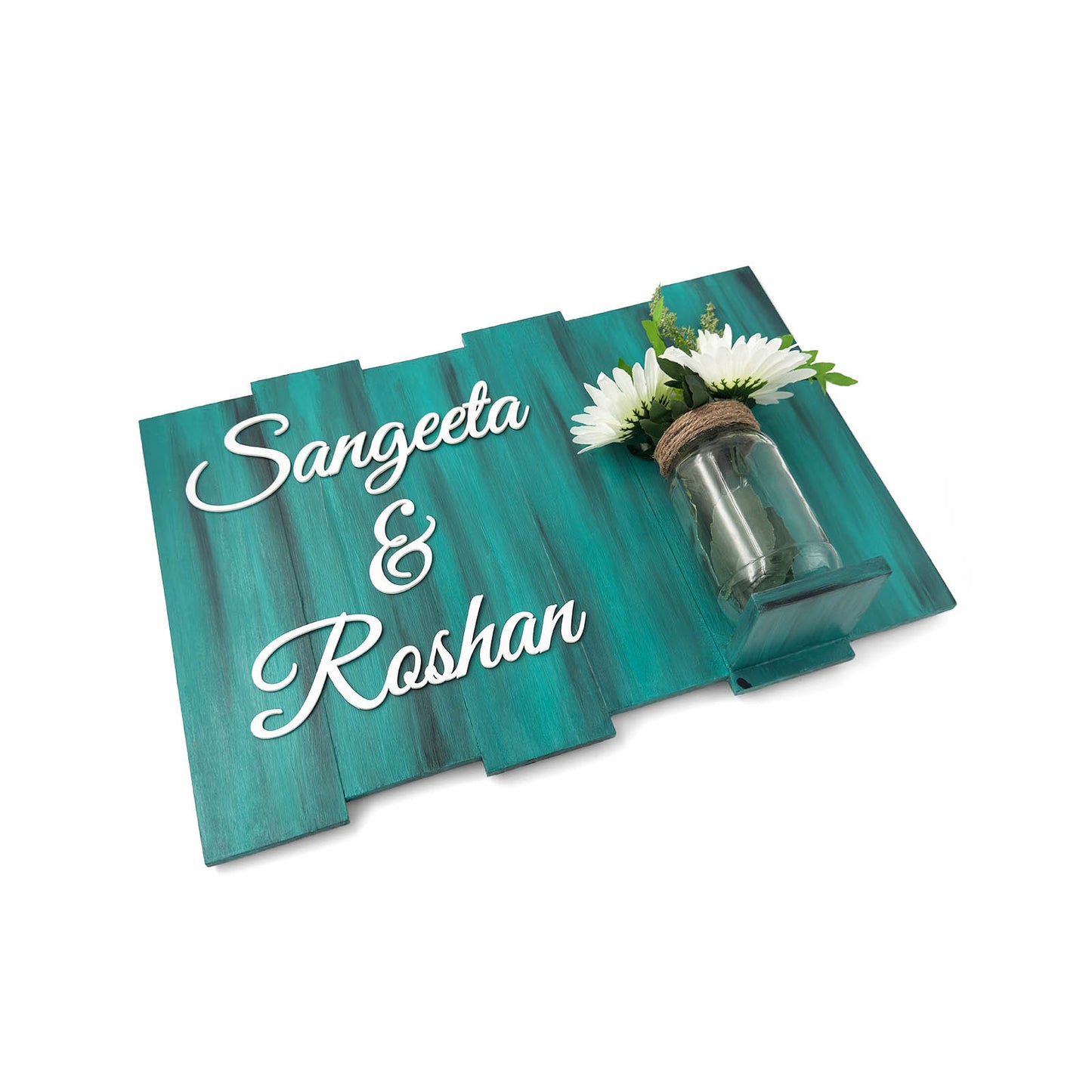 Teal Hand-Painted Wooden Name Plate With Jar For Home - Design 2
