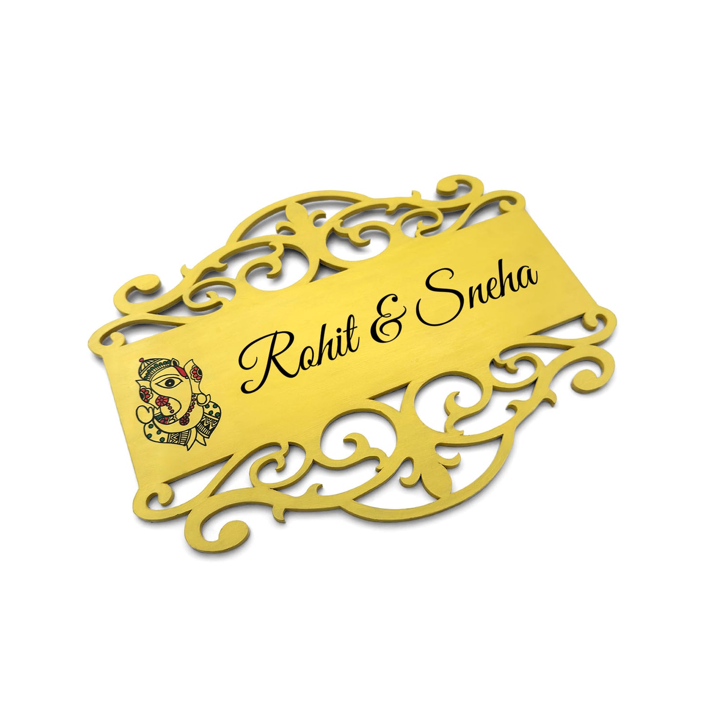 Ganesha Artwork Hand-Painted Wooden Madhubani Name Plate For Home