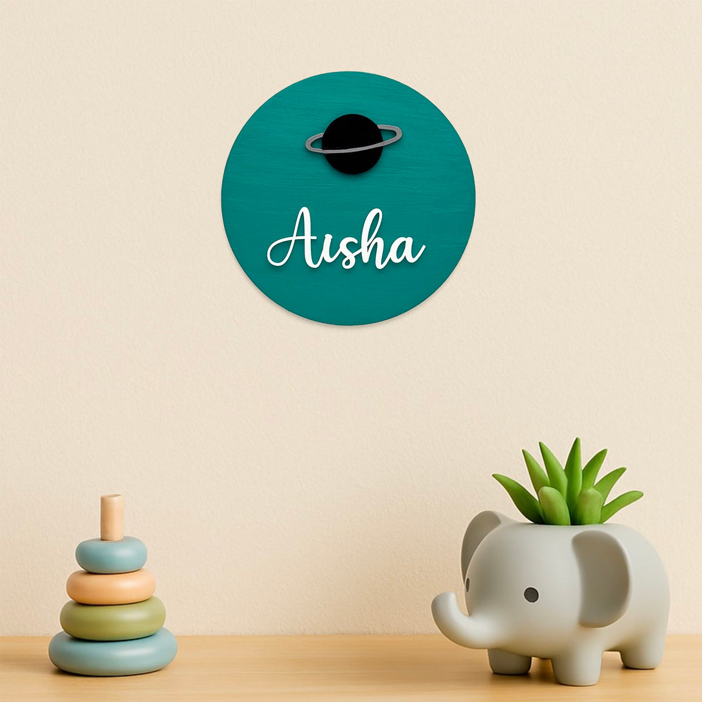 Space Themed Hand-Painted Wooden Mini Kids Name Plate