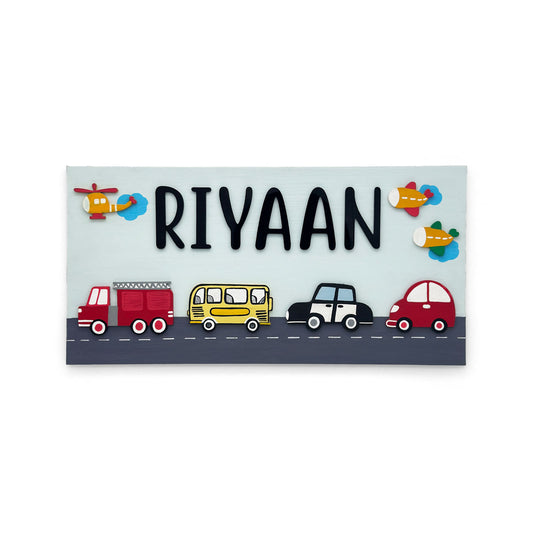Vehicles Themed Hand-Painted Wooden Kids Name Plate - Light Blue