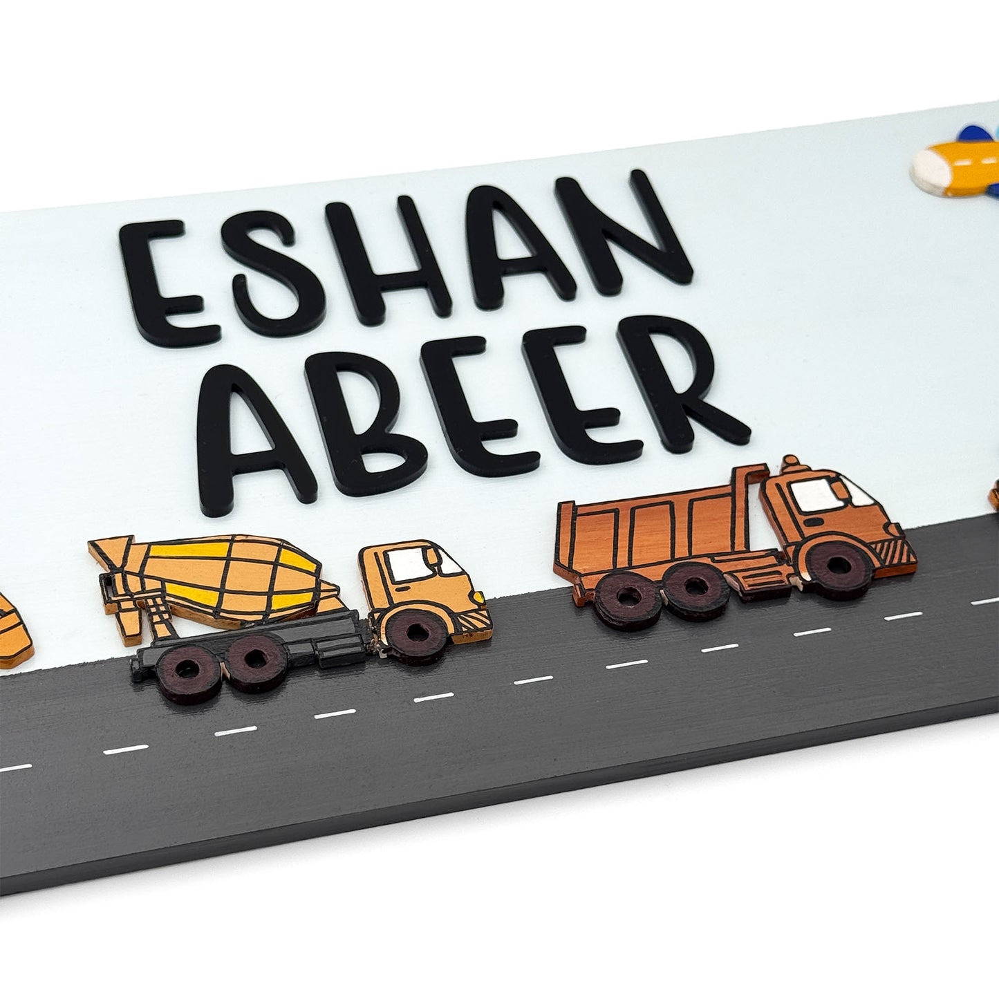 Construction Vehicles Themed Hand-Painted Wooden Kids Name Plate - Light Blue