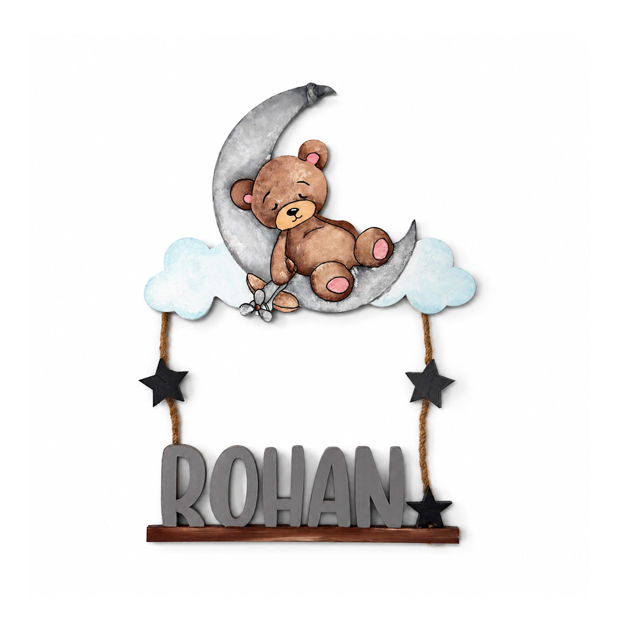 Teddy Bear Themed Hand-Painted Wooden Kids Name Plate - Design 1