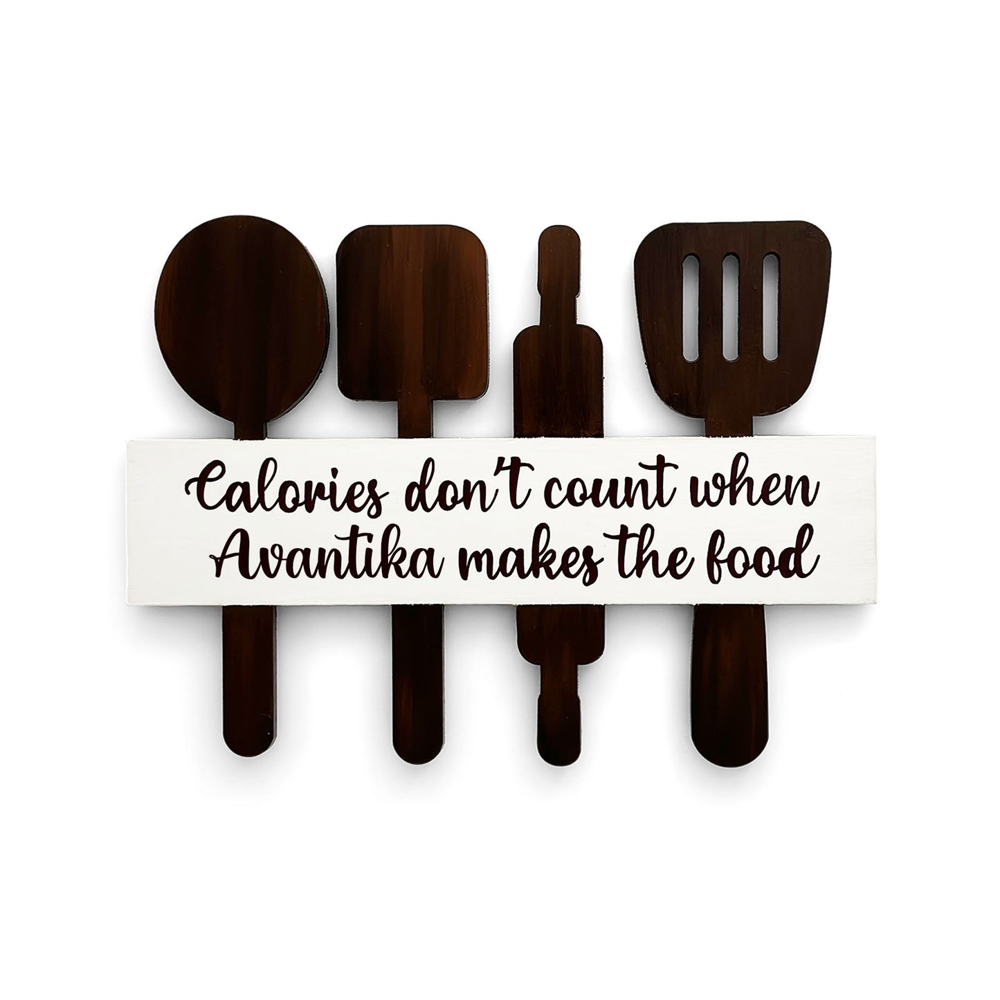 Calories Don't Count Personalised Name Hand-Painted Wooden Utensil Board Kitchen Wall Hanging - Brown