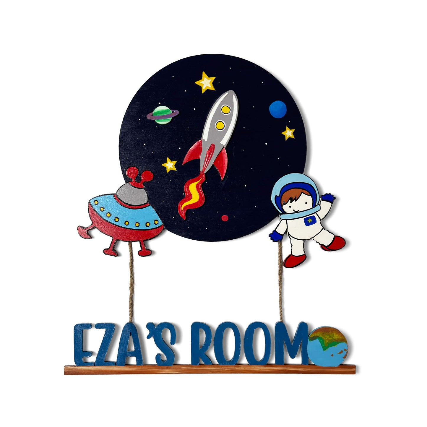 Space Themed Hand-Painted Wooden Kids Name Plate