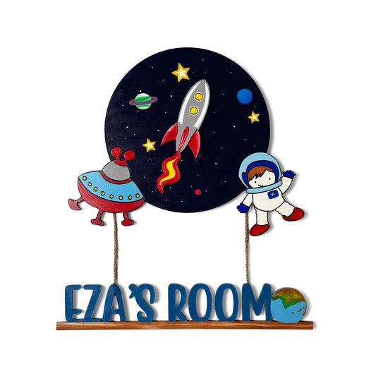 Space Themed Hand-Painted Wooden Kids Name Plate