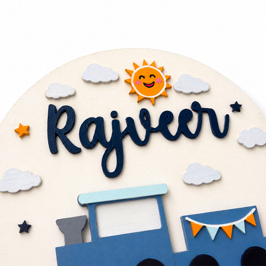 Train Themed Hand-Painted Wooden Round Kids Name Plate - Design 1