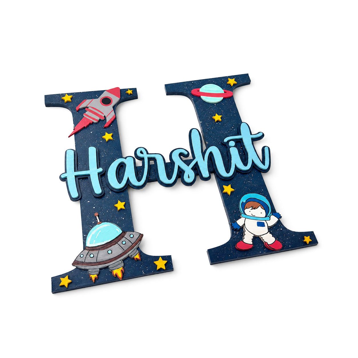 Space Themed Layered Alphabet Initial Hand-Painted Wooden Kids Name Plate - Design 1