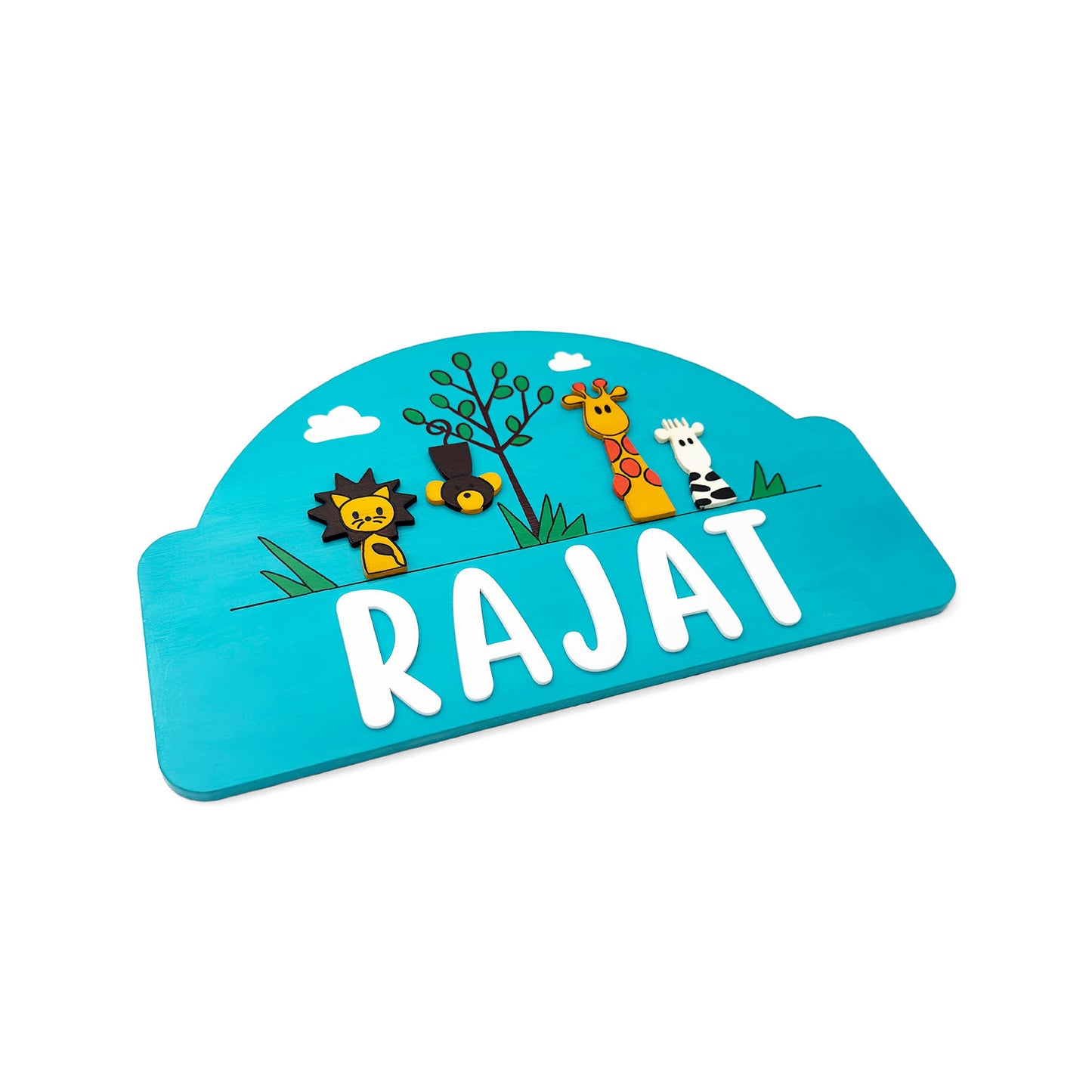 Animal Themed Hand-Painted Wooden Kids Name Plate - Blue