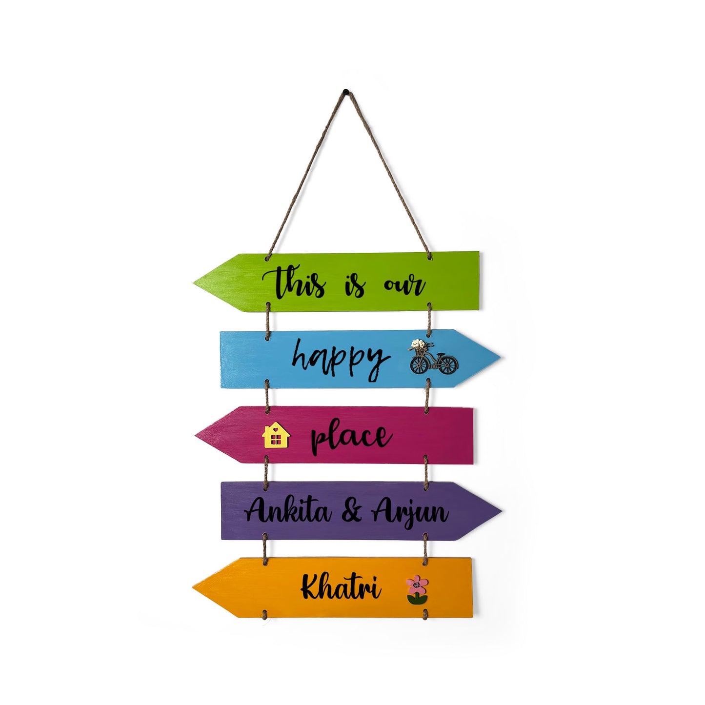This Is Our Happy Place Hand-Painted Wooden Arrow Plank Name Plate For Home In Vibrant Colors - Five Planks